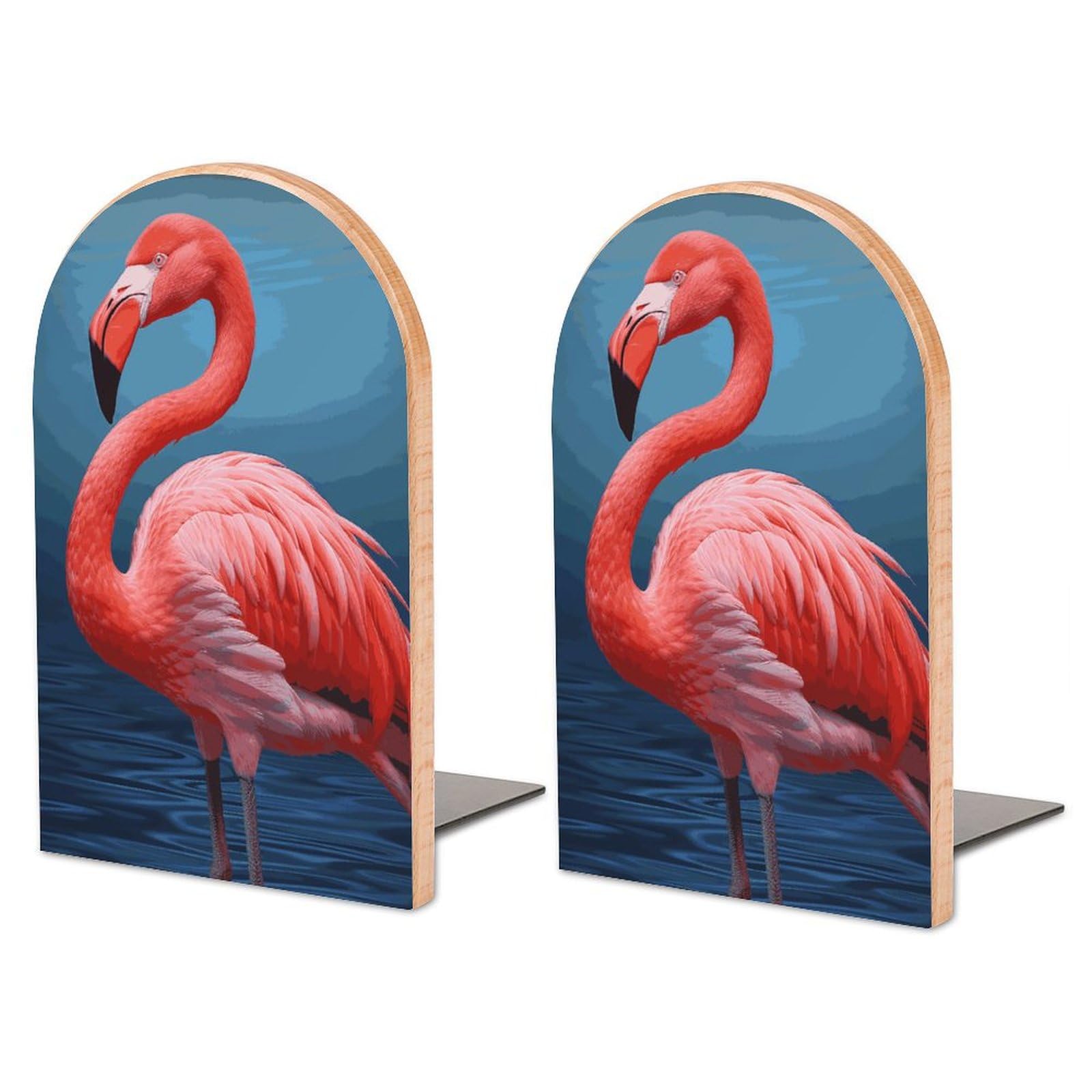 Serre-livres flamant rose en hêtre massif et support métallique rigide