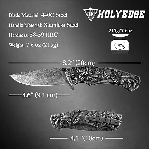 Miniatura 3 de 3D Carving Collection - Cuchillos plegables tácticos pesados de 8.2 pulgadas con hoja recubierta de titanio de 3.5 pulgadas, bloqueo de forro de