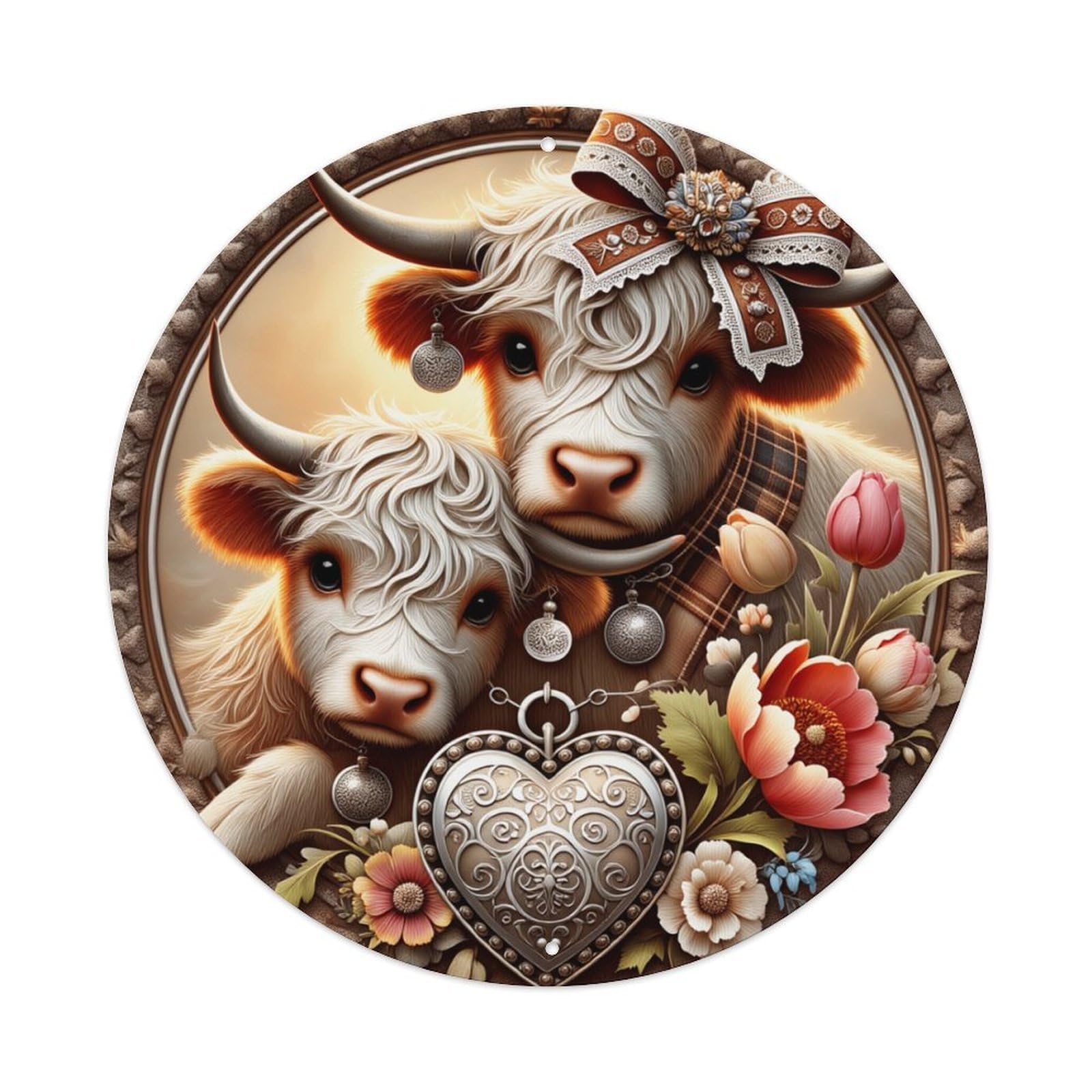 Cow And Calf With Flowers Round Tin Sign Retro Metal Sign for Cafe Bar Pub Home Game Room Gym Club Wall Decoration Vintage Metal Poster 8x8 Inch