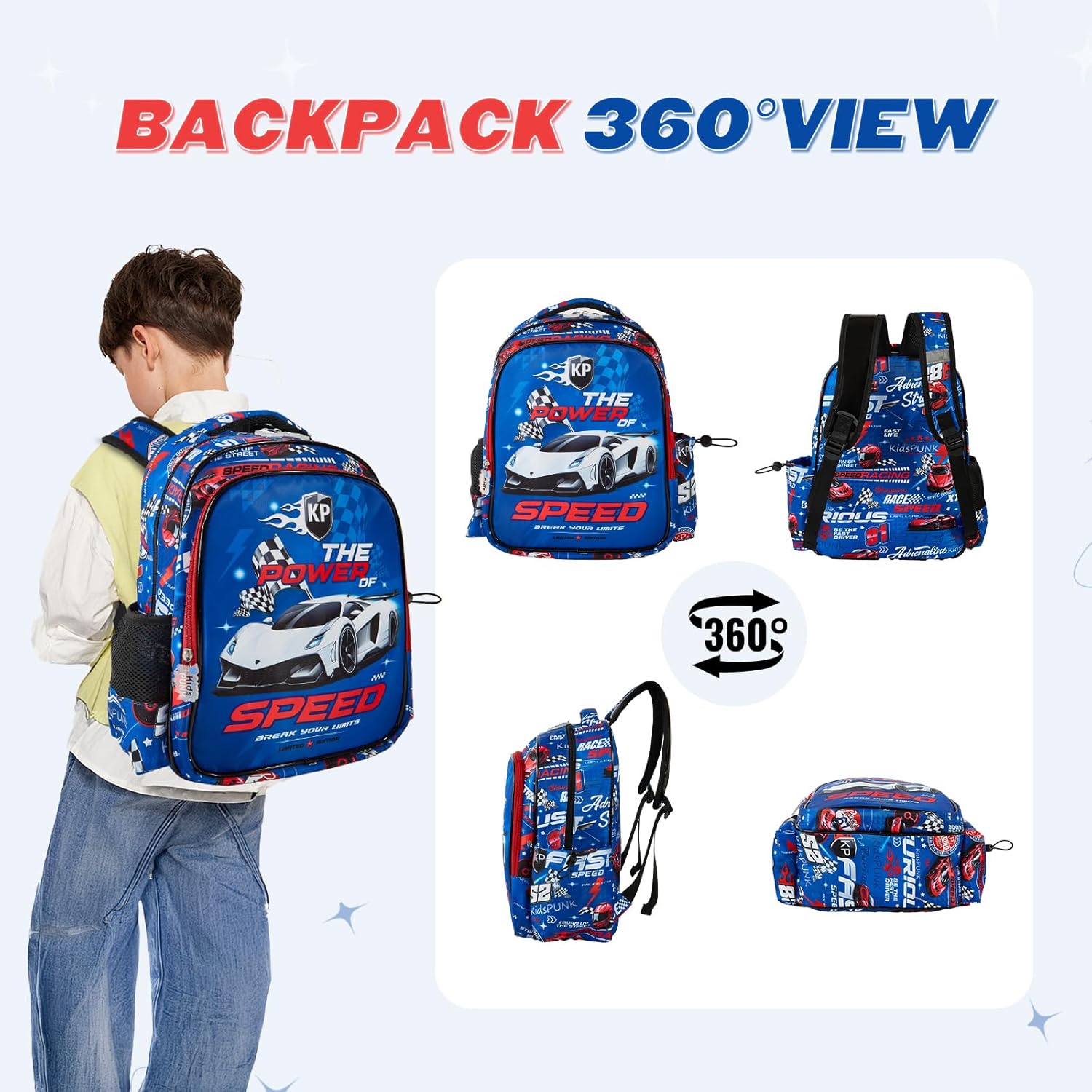 Boys Backpack Cute Cool Race Car Backpack for Boys Kids Kawaii Backpack for Preschool Elementary Kindergarten,Blue Color.Large Capacity.16 Inch - Image 5