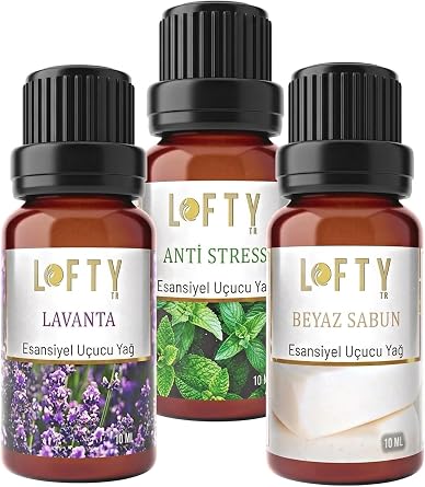 LOFTY Esansiyel U ucu Ya  Seti, Lavanta,Beyaz Sabun, Anti Stress, Aromaterapi Dif z r, 3x10ml, Do al Saf Ya lar