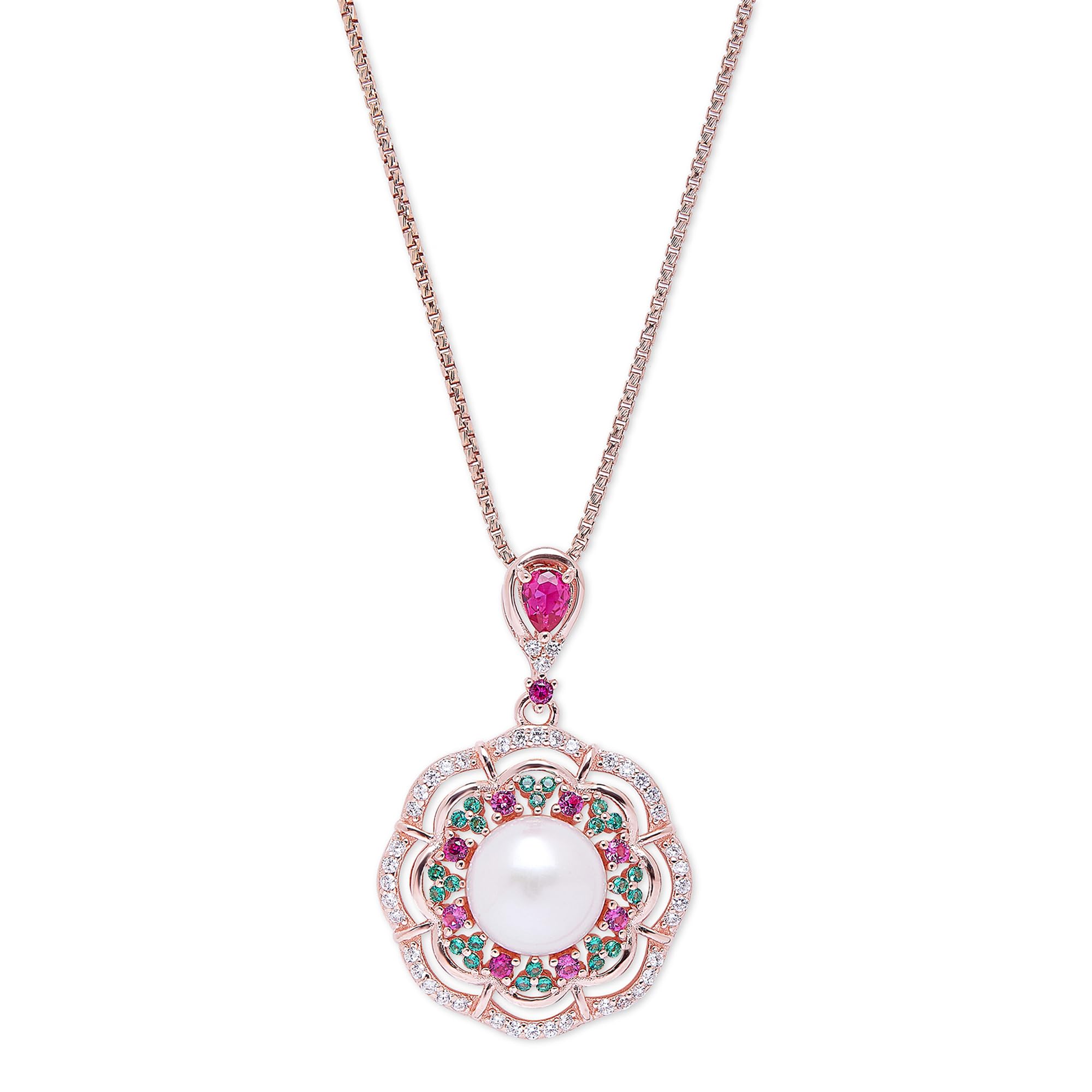 ZAVYA 925 Sterling Silver Rose Gold Plated Chain Necklace With Pearl and Multicolour Cubic Zirconia CZ Drop Pendant | Gift for Women & Girls | With Certificate of Authenticity and 925 Hallmark (B0BJ6P4FYV) Amazon Price History, Amazon Price Tracker