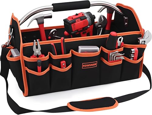 Bolsa de herramientas de 18 pulgadas, bolsa de herramientas para electricista, bolsas de herramientas con parte superior abierta, 26 bolsillos que