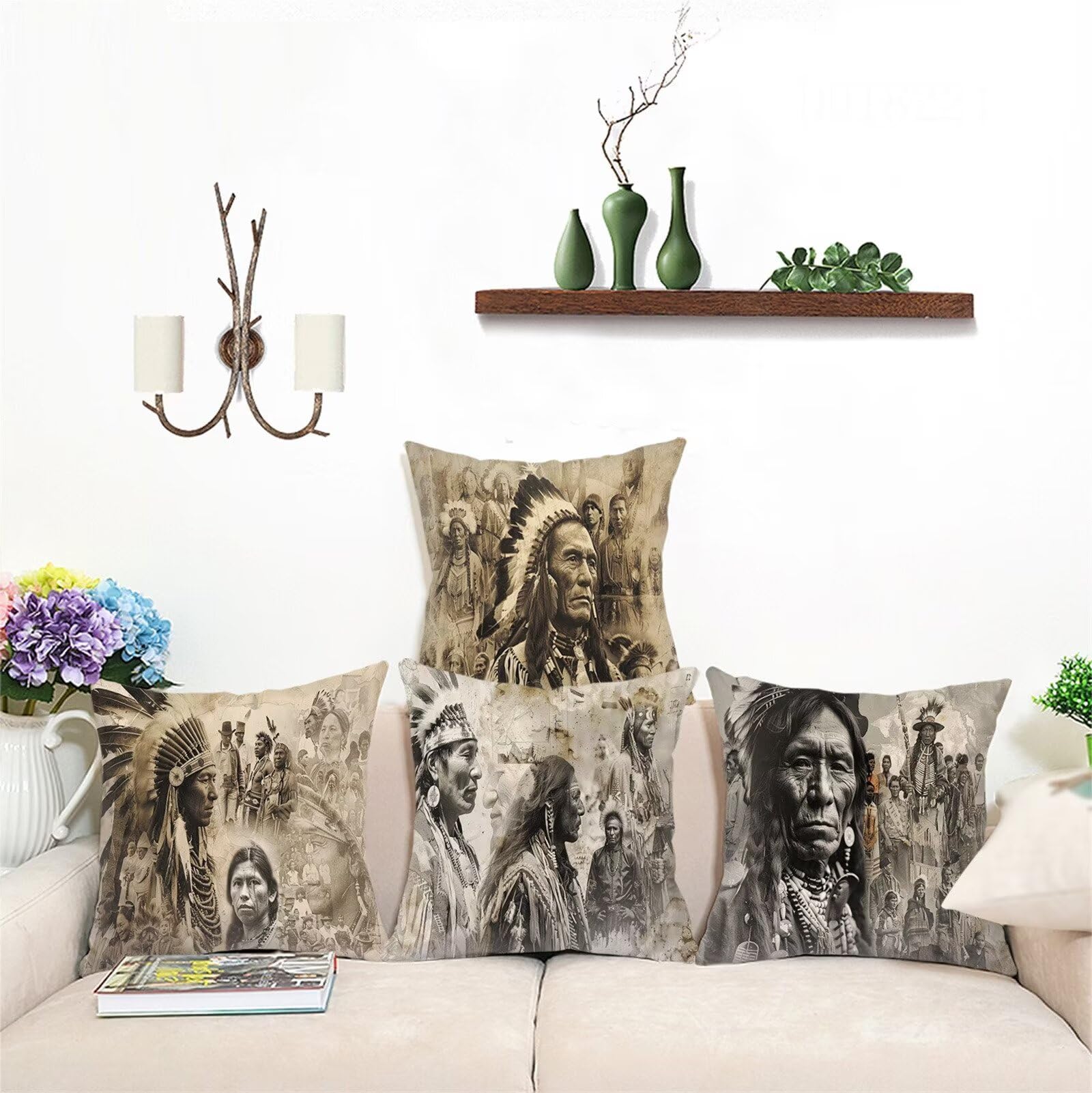 Federe Cuscini Divano 65x65 Set di 4, indiani Cuscini Esterno Impermeabili Lino Doppio Lato Religione Cuscino Esterni con Cerniera Invisibile, per Letto Mobili Giardino Terrazza Panca Decorativi