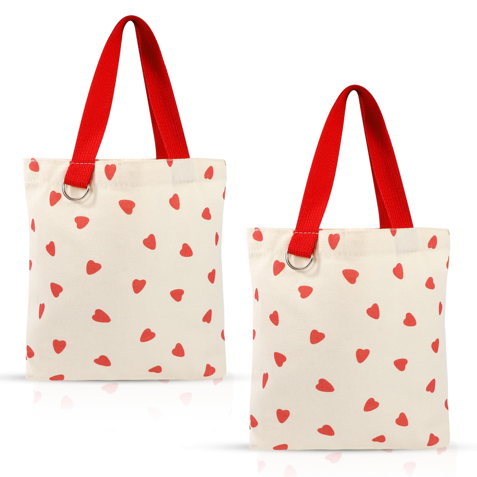 PHOGARY 2PCS Red Heart Canvas Bags, Small Totebag Reusable Grocery Shopping Bags for Portable Storage Travel Beach Lunch Bag