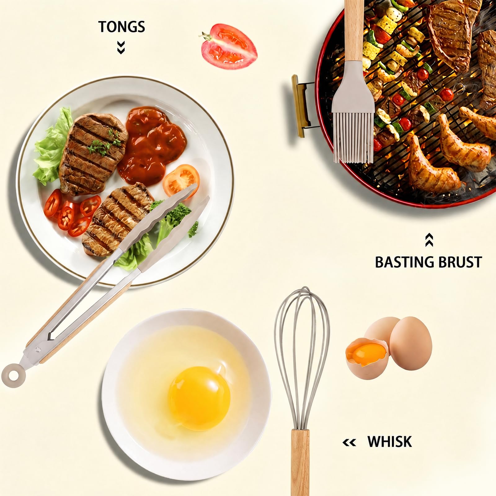 MIBOTE Juego de utensilios de cocina de silicona con soporte, asas de madera, sin BPA, no tóxicas, pinzas giratorias, espátula, cuchara, utensilios de cocina antiadherentes (caqui)