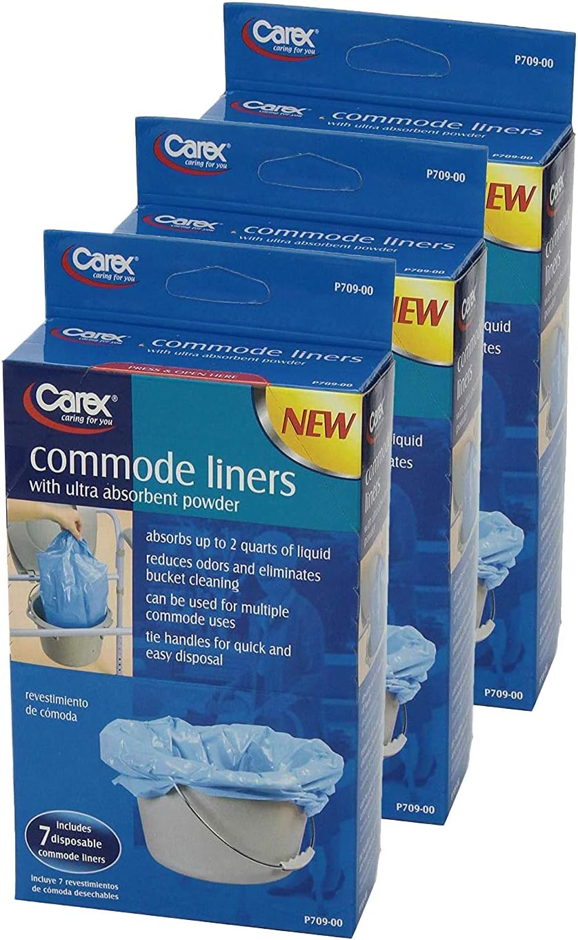 Commode Liners, 21 Liners - Fits Most Commodes, with Absorbent Powder, Holds 2 Quarts Liquid, Disposable - 7 Toilet Liners/Box, Pack of 3.