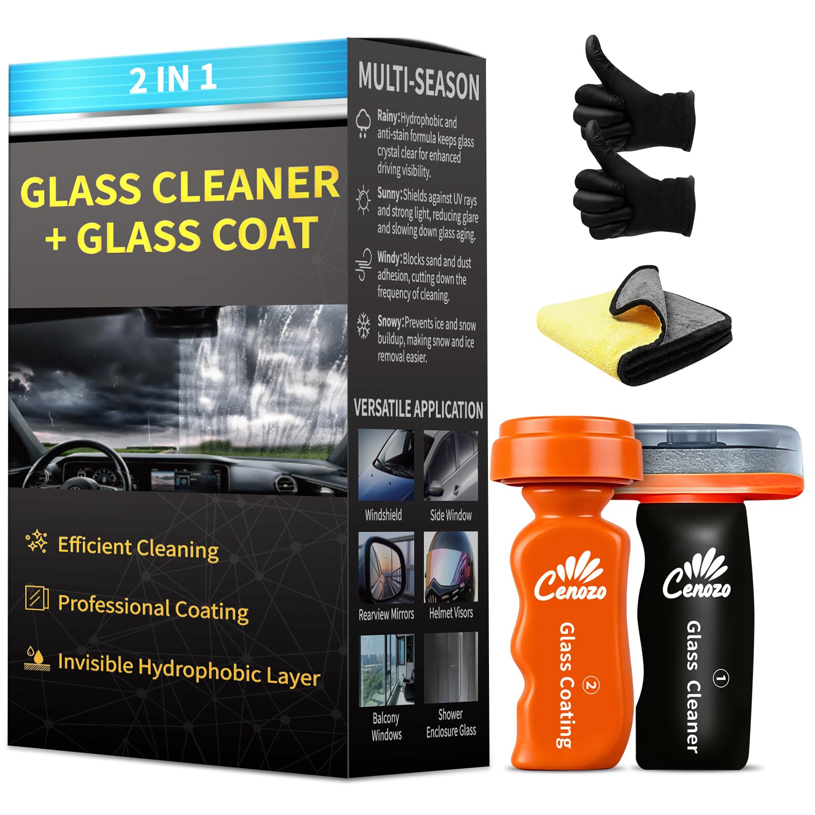 2 in 1 Nettoyant Vitre & Anti Pluie pare Brise Voiture Kit,Nettoyant pare Brise Enlever la Saleté des Vitres,Anti Pluie pare Brise L'agent de Revêtement à Effet Rapide Offre un Effet Perlé