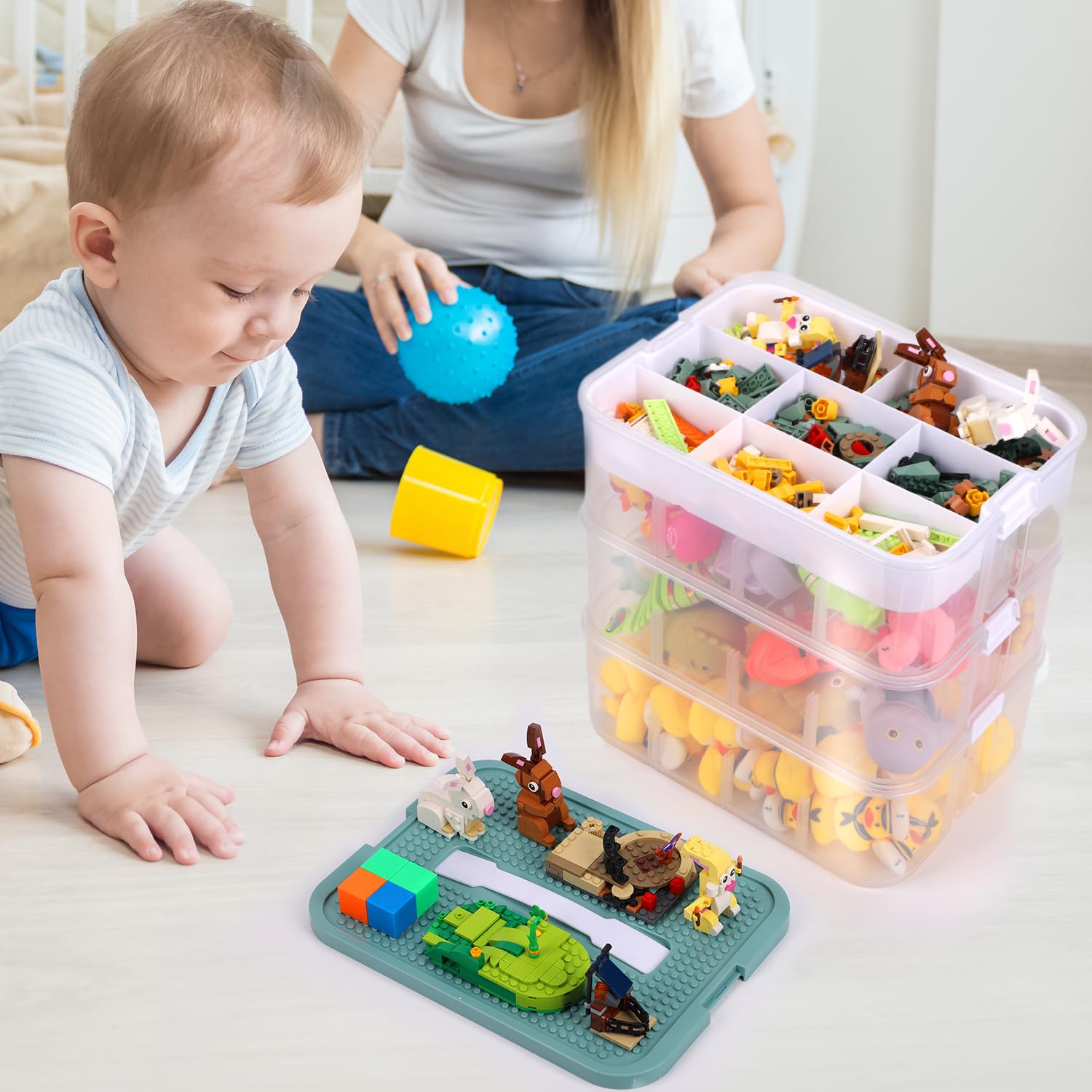 BOXOB Contenitore Giocattoli per Lego, Contenitore per Blocchi di Costruzione a 3 Strati Impilabile a Scomparti Selezionatore Puzzle per Mattoncini Scatola Smistamento Giocattoli (Verde Oliva)