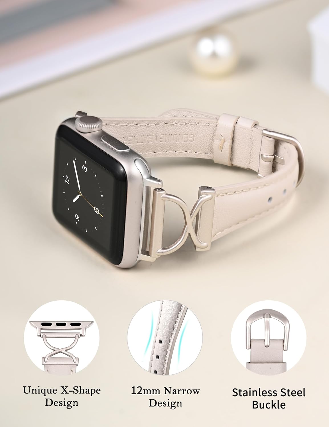 Wearlizer Slim Leather Band Compatible with Apple Watch Bands 40/38/41/44/42/45/46/49mm Women, Dressy Fancy Designer Thin Leather Strap for iWatch Series 11 10 9 8 7 6 5 4 3 SE/Ultra 3 2 1 - Image 3