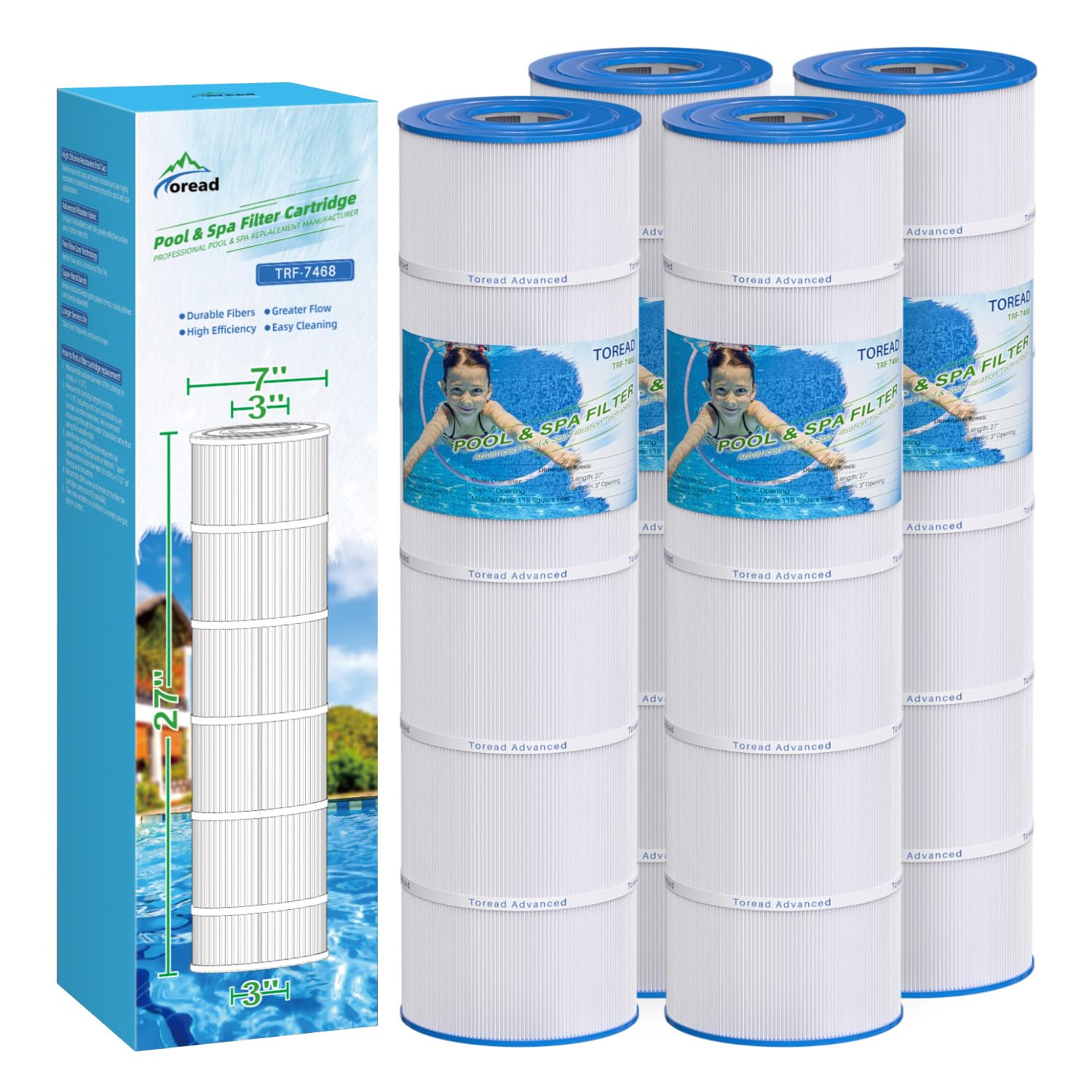TOREAD PJAN115 Poolfilter ersetzt Jandy CL 460, CV460, Unicel C-7468, Filbur FC-0810, Excel Filters XLS-705, FC-6410, Aladdin 21501, Baleen AK-60432, 4 x 115 sq.ft Filter C. artridge 4 p ack