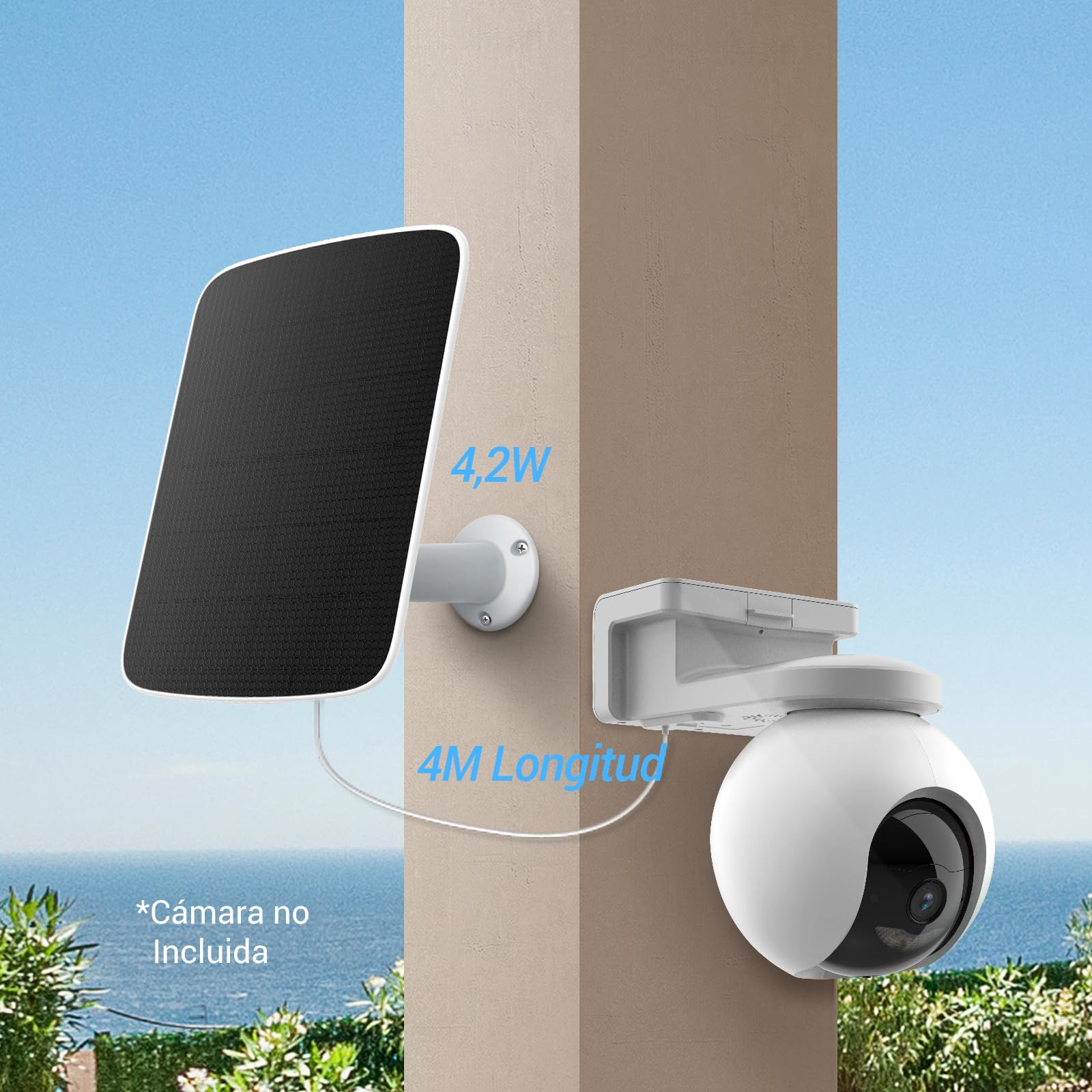 EZVIZ Panel Solar-F Fuente de Alimentación con Puerto Tipo C, para Cámaras Vigilancia WiFi Exterior con Batería, Impermeable, Montaje Ajustable, 4,2W, Fuente de Alimentación Continua (con Cable de 4m)