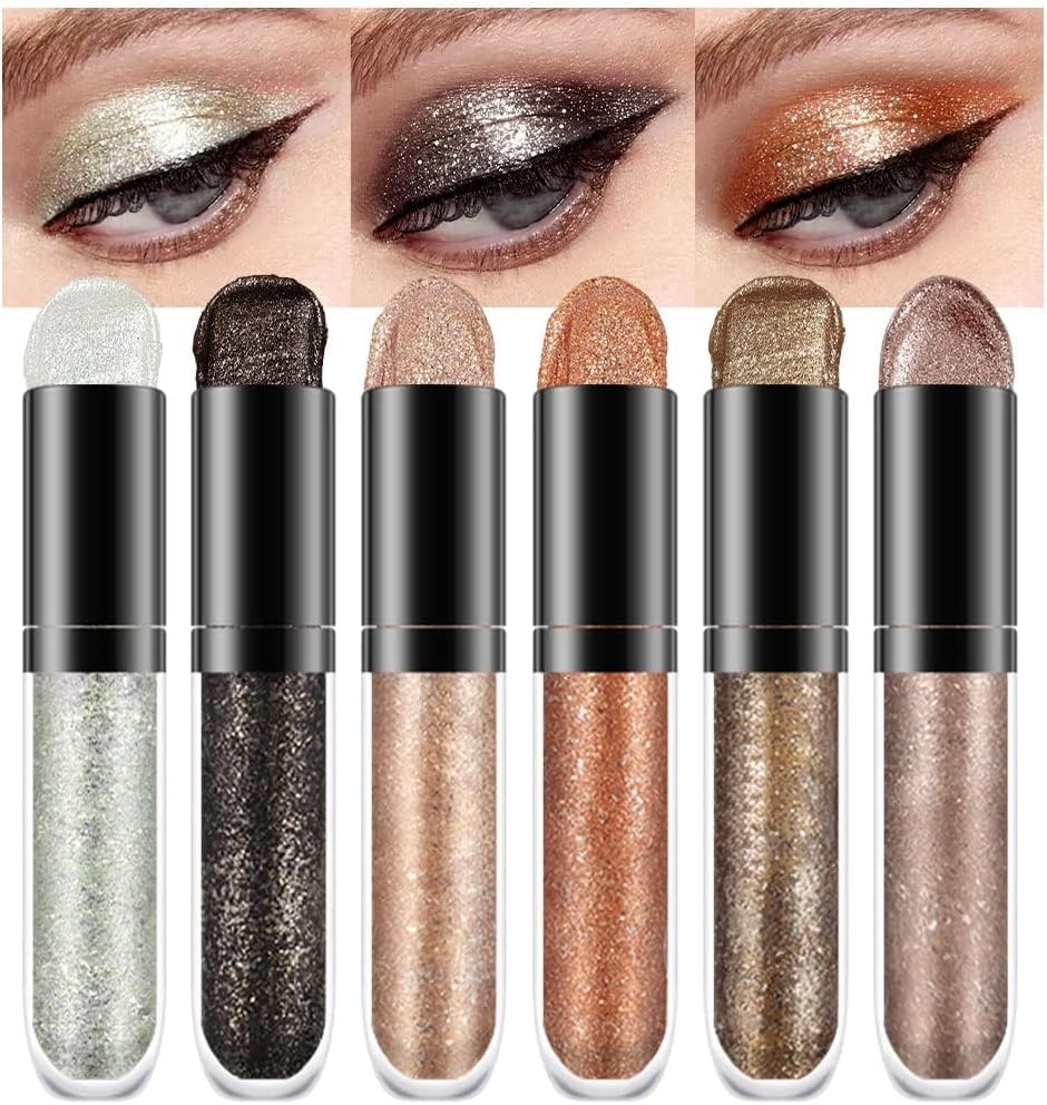 6 Colors Gold Liquid Glitter Shimmer Eyeshadow Set for Eyes Silver Shimmer Sparkle Shiny Light Glitter Metallic Pigment Colorful Eye Shadow Liner Makeup Palette Kit Quick Drying Longwearing A-06