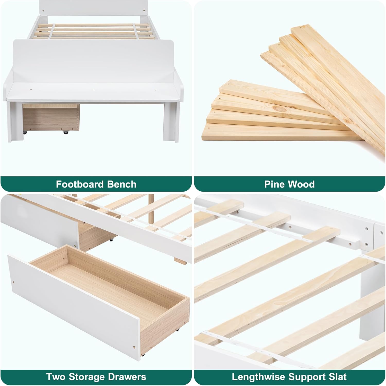 Assembled Dolonm Twin Bed Frame without a mattress, showing the headboard, wooden slats, footboard bench, and two storage drawers.