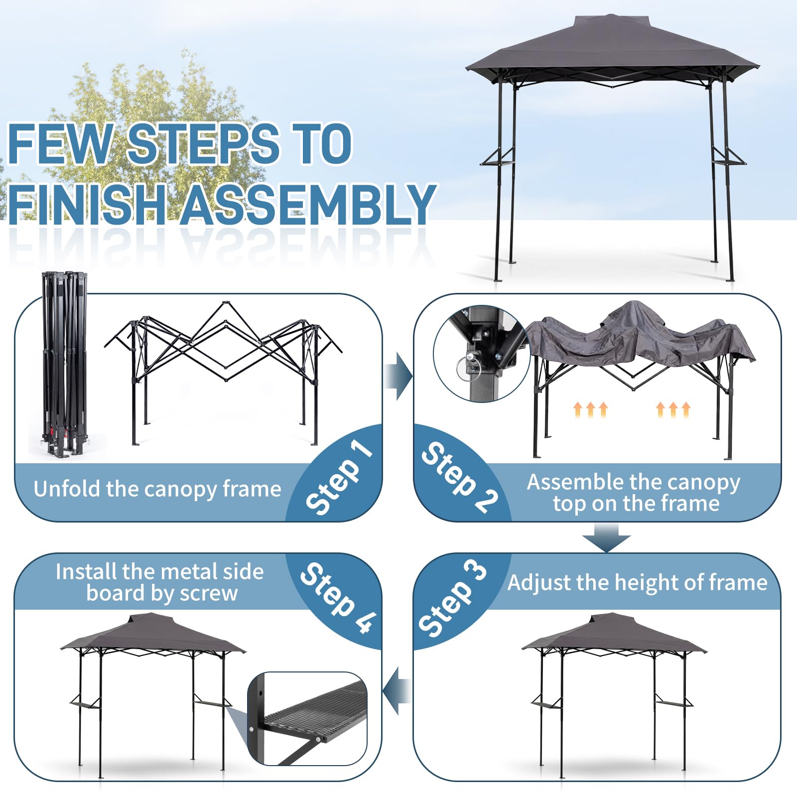 LEADZM Cenador plegable para barbacoa, 255 x 150 x 240 cm, marco de metal resistente, con ventilación, resistente a la intemperie, impermeable, protección solar, resistente al viento, para jardín