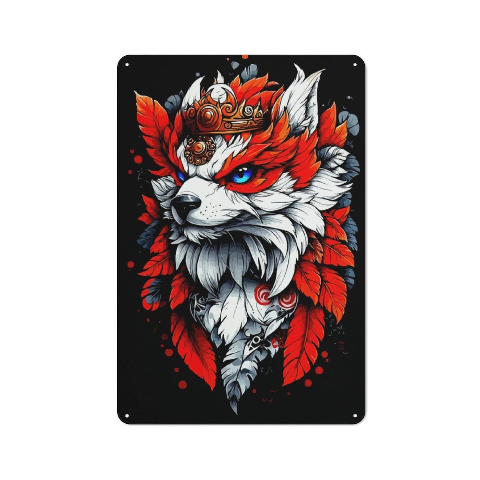 Junmoney Majestic Crowned Fox Digital Art Tin Wall Sign With Design 30X20cm, Classic Bistro Wall Plaque For Bakery, Diner, Cafe Or Family Room