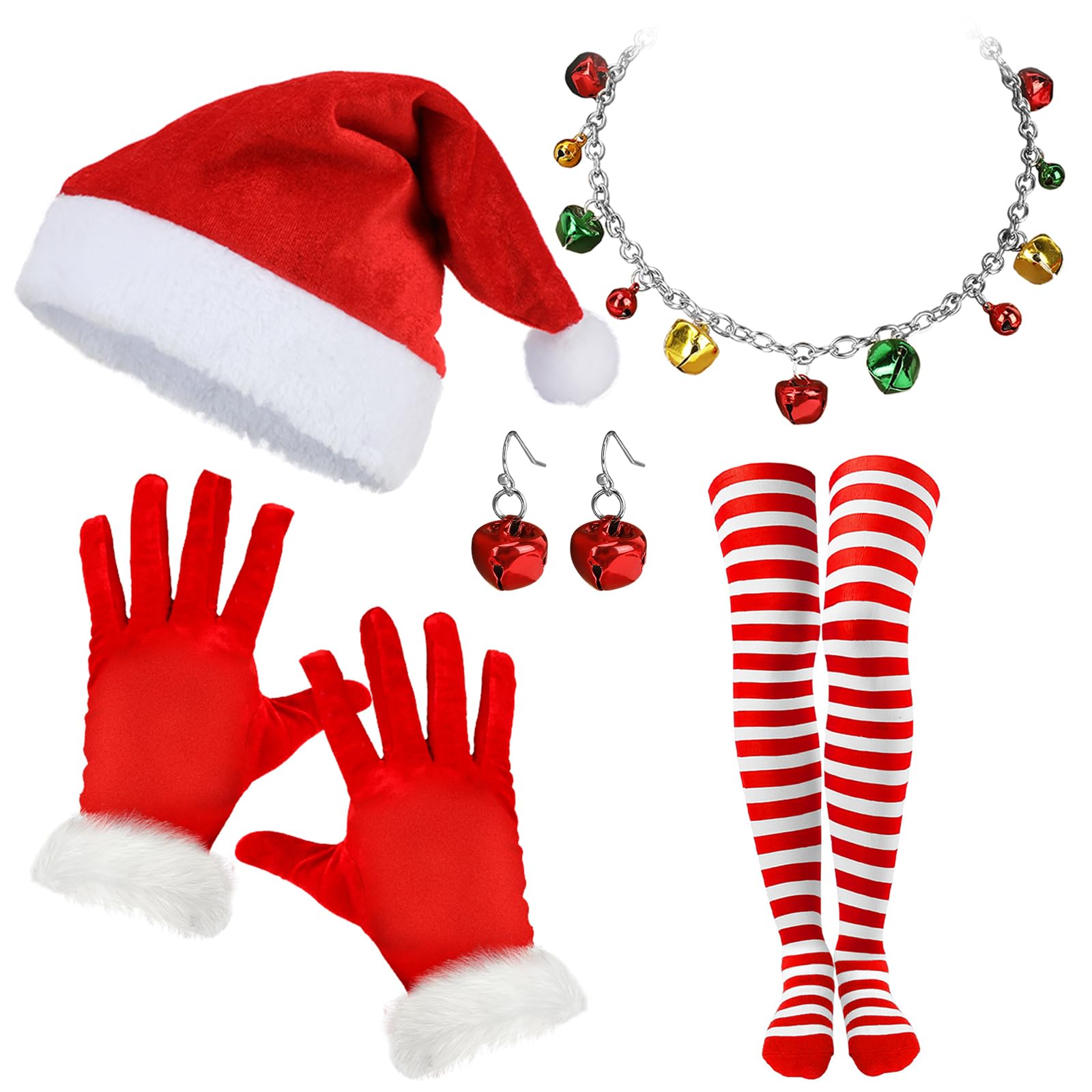HOWAF Santa Costume, Christmas Santa Hat Christmas Hat Christmas Red Gloves Santa Gloves Christmas Stocking Red White Stockings Jingle Bells Christmas Necklace Christmas Earrings for Christmas Costume