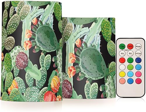 KOPIRIT Velas sin llama de color verde cactus con temporizador remoto que funcionan con pilas, velas de té parpadeantes que cambian de color, velas