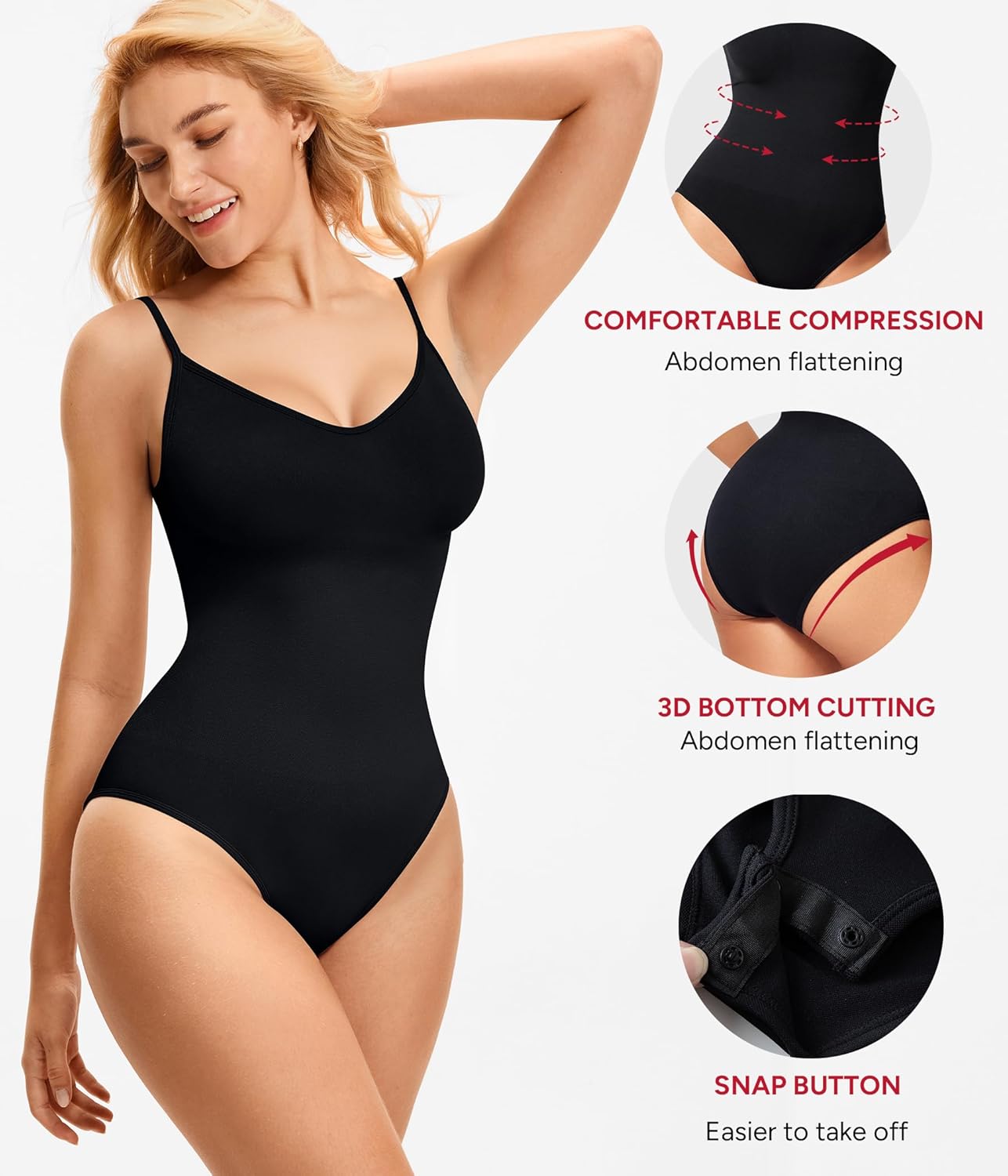 Nebility Bodysuits for Women Tummy Control Body Suits Seamless Shapewear V Neck Body Shaper - Image 2