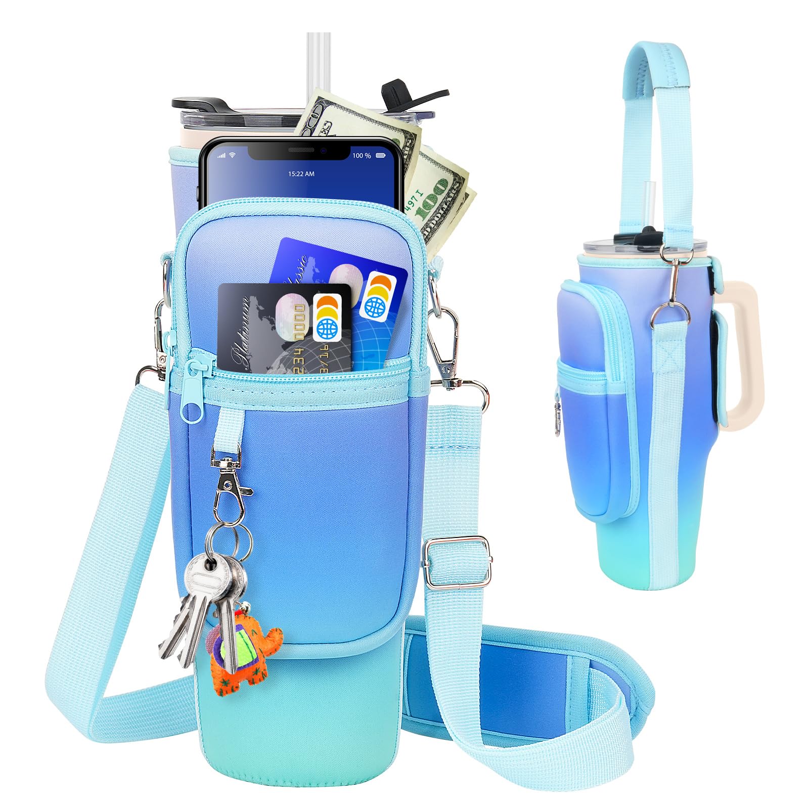 Water Bottle Carrier Bag with Phone Pocket Compatible for Stanley,Meoky 40 oz Tumbler with Handle,Neoprene Water Bottle Holder Pouch with Adjustable Strap Compatible for Stanley Cup Accessories