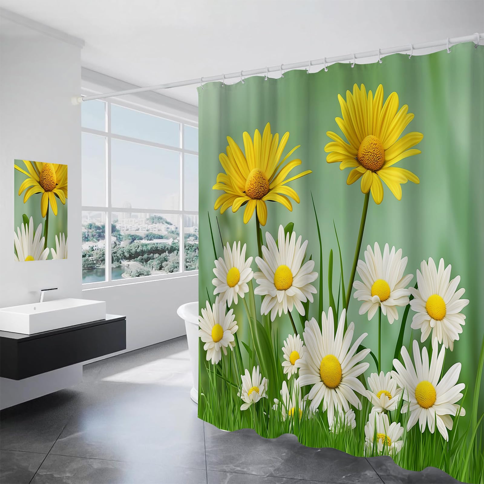 Rideau de douche marguerites jaunes en polyester pour éliminer l'humidité et les corvées