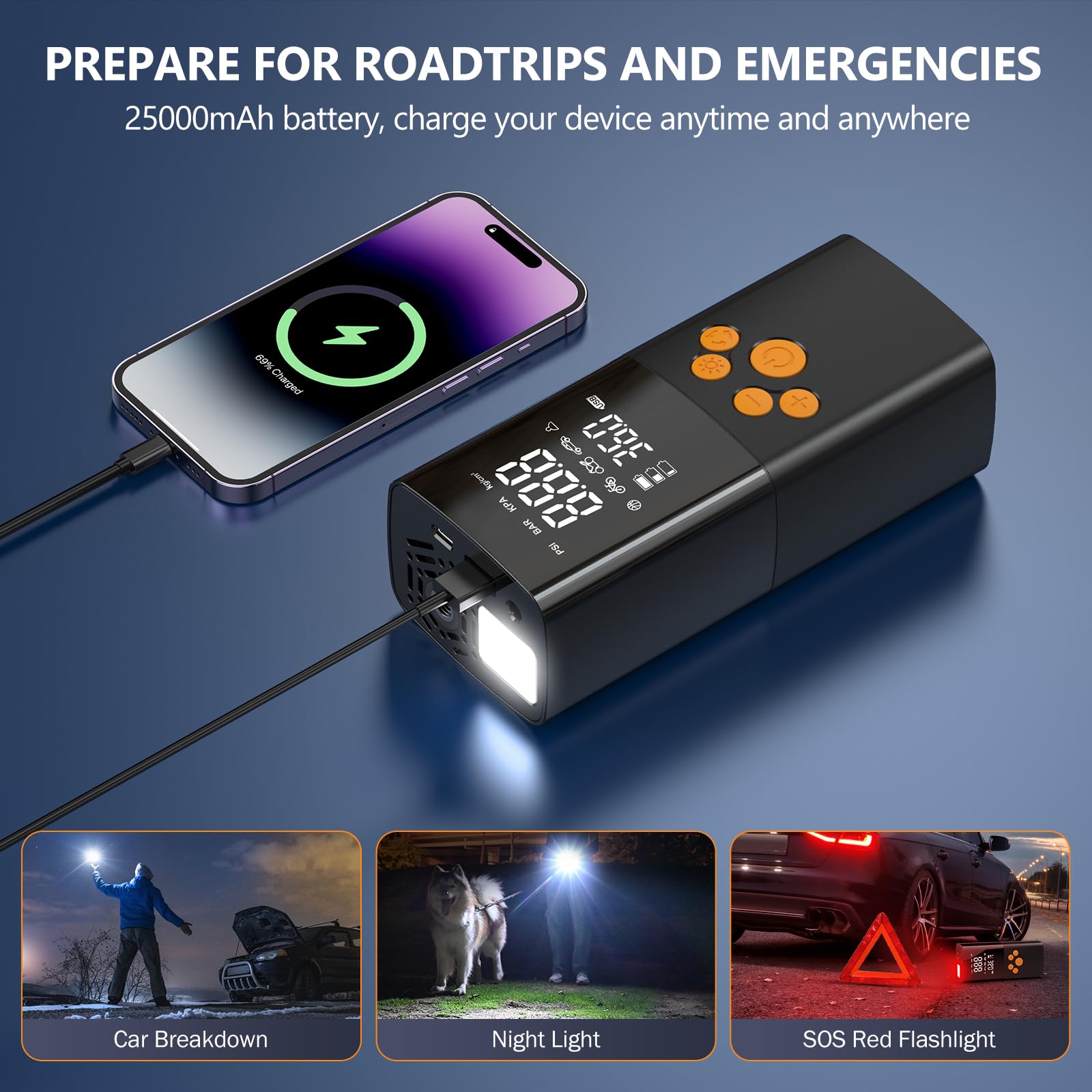Compressore Aria Portatile, 180PSI Compressore Portatile per Auto con Batteria 25000mAh, Intelligente Un Clic Pompa Elettrica per Bicicletta, Moto e Altro Ancora con Misuratore di Pressione (nero)