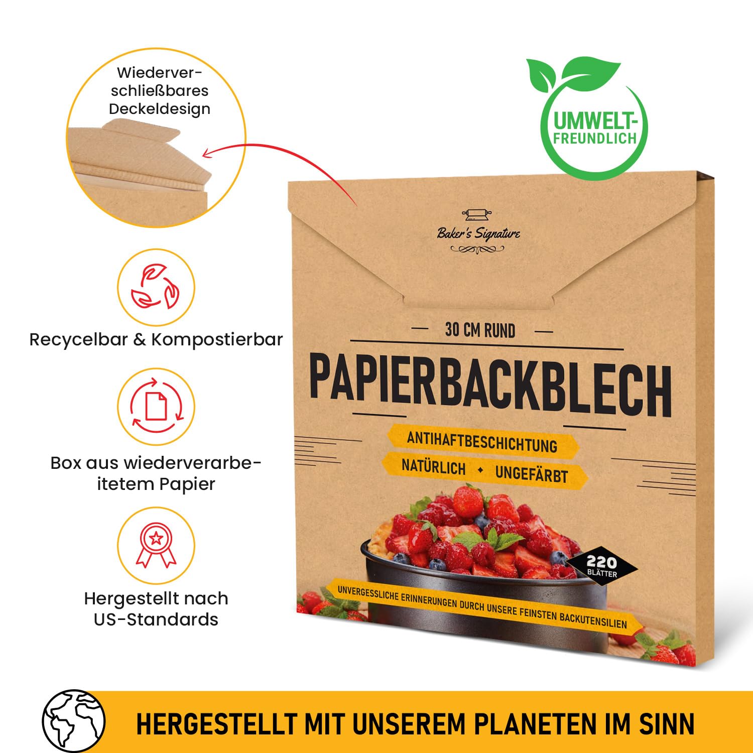 220 Stück Rund Backpapier Zuschnitte 23 cm | Butterbrotpapier Braun Pergamentpapier zum Backen, Kochen - Einfache Reinigung von Baker's Signature