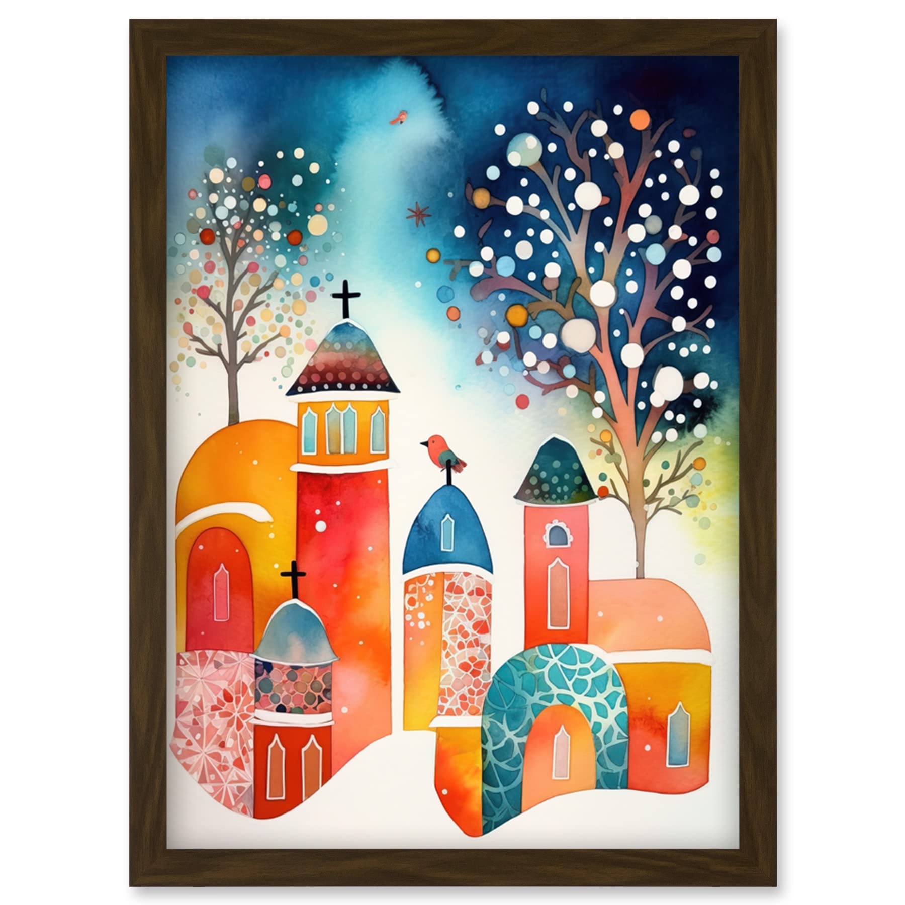 Artery8 Winter Churchyard Snowfall Trees Folk Art Artwork Framed Wall Art Print A4