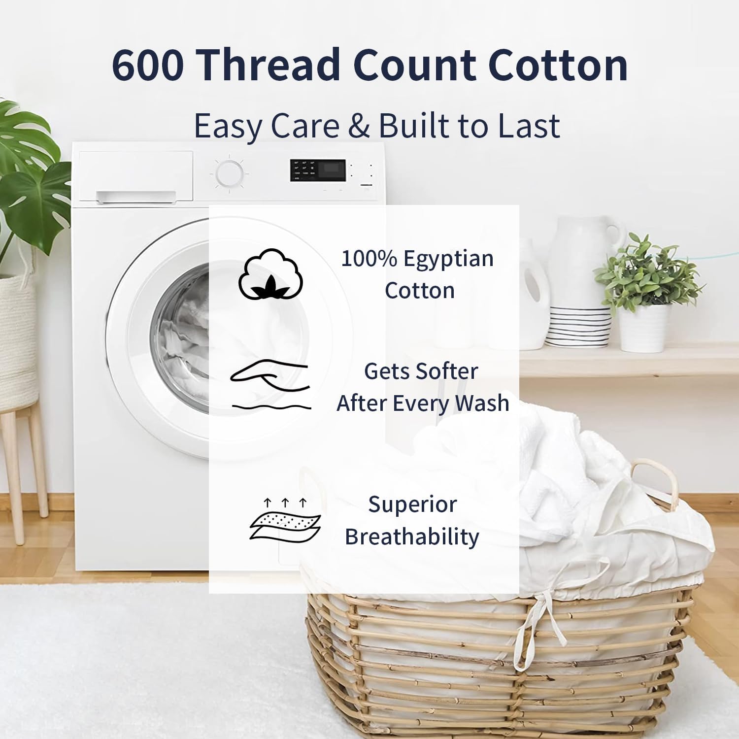 Shunjie.Home 100% Cotton Queen Bed Sheets Set - 600 Thread Count Sateen - 4 Piece Bed Sheet Set, Deep Pocket with All Around Elastic, Breathable & Durable Hotel Luxury Bedding - White - Image 9