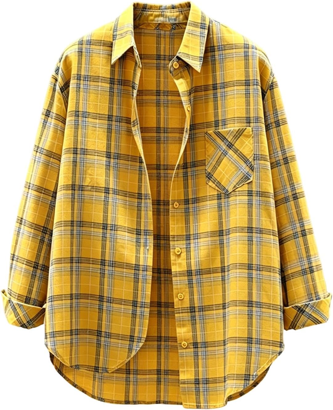 Womens Plaid Shirts Long Sleeve Button Down Flannels | Classic Tartan Pattern, Relaxed Boyfriend Fit, Functional Chest Pocket, Curved High Low Hem, Casual Layering