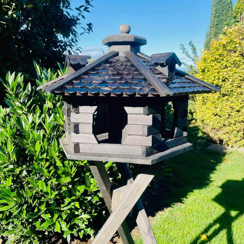 Comedero para pájaros XL hexagonal, incluye soporte, color marrón oscuro