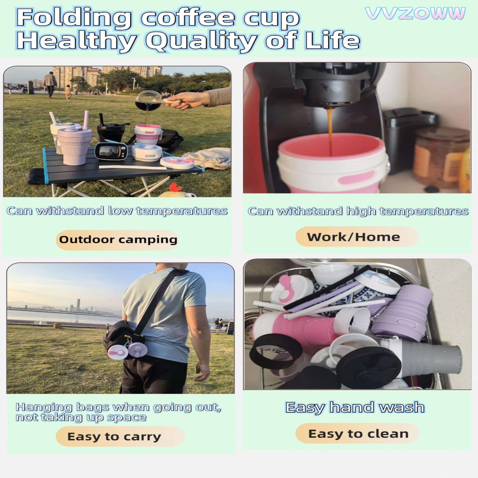Pink15OZ/450ML Taza de viaje plegable de silicona para coche, taza de café con tapa, tazas de café frío y caliente con pajita, a prueba de fugas, reutilizable, adecuada para viajes, camping,