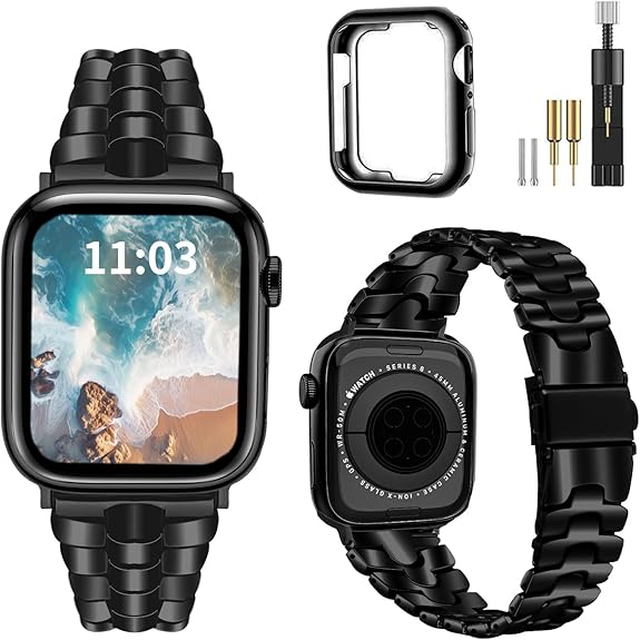Thin Metal Band Compatible with Apple Watch Band 38mm 40mm 41mm 42mm 44mm 45mm 49mm, Dressy Stainless Steel Chain Strap, Slim Fancy iWatch Band with Case for Women Men