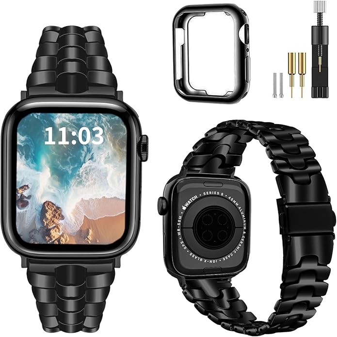 Thin Metal Band Compatible with Apple Watch Band 38mm 40mm 41mm 42mm 44mm 45mm 49mm, Dressy Stainless Steel Chain Strap, Slim Fancy iWatch Band with Case for Women Men