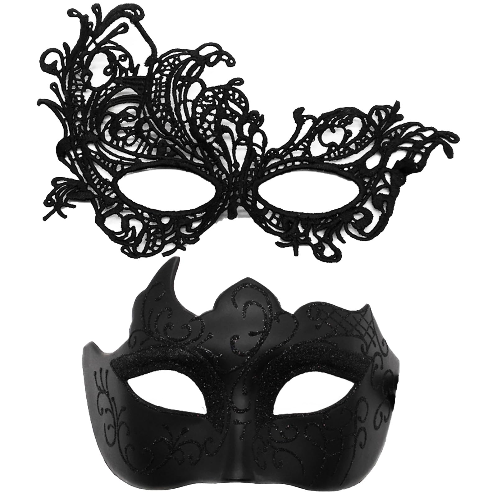 2-Pack Black Masquerade Mask Set, Venetian Style, Satin Ribbons, Men Women