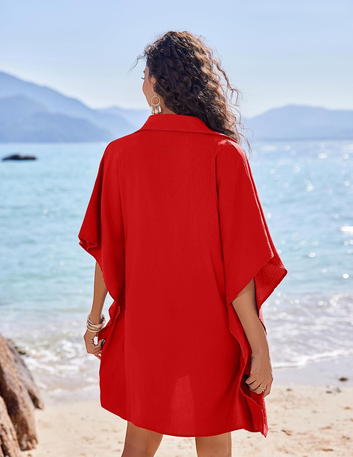 AI'MAGE Womens Swimsuit Beach Cover Up Shirt Summer 3/4 Sleeve Bathing Suit Beach Dress Oversized Bikini Coverups S-3XL - Image 2