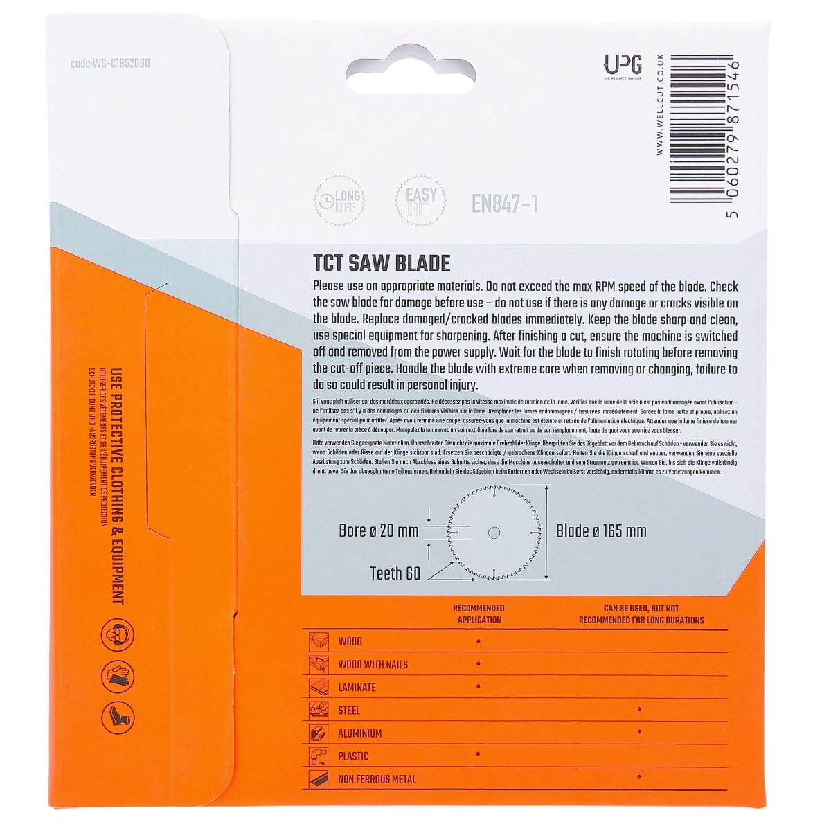 TCT Lot de 2 lames de scie 165 mm x 60 dents x 20 mm alésage pour DSS610, DSS611, DCS391, HD18CS, M18CS55, WELLCUT