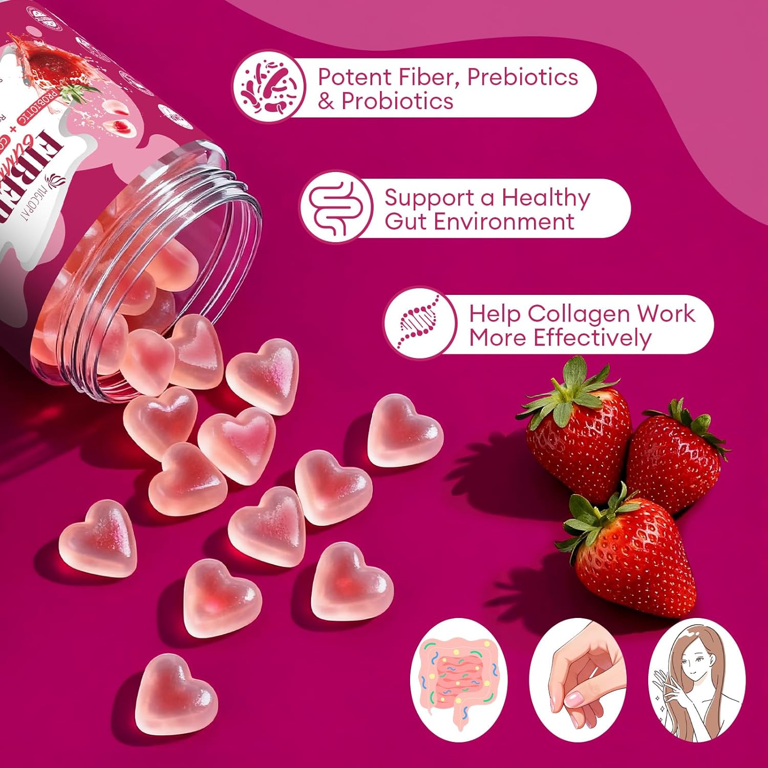 10G Fiber Gummies with Collagen Peptides, Hyaluronic Acid, Vitamin C, ACV, 30 Billion CFU Probiotics – Sugar Free Collagen Gummy for Skin, Hair & Nails – Digestive Health Support – 60 Cts - Image 4