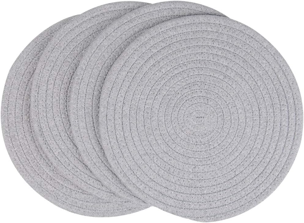 SHACOS Round Placemats Set of 4 Heat Resistant Cotton Rope Braided 12 inch Place Mats for Dining Table Thick Fabric Absorbent Table Mats Trivet (Light Gray, 12 Inch)