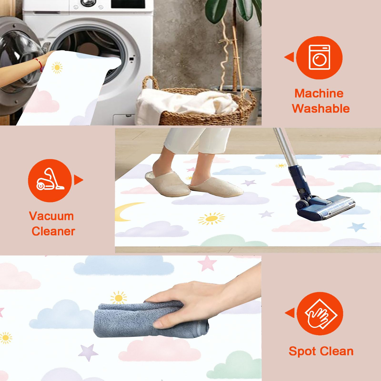 Tapis Poil Court Rond Thème De Bonne Nuit, Tapis Moelleux Imitation Cachemire Chambre Salon Nuages Et Lune Moquette Doux Lavable pour Salle à Manger Chambre D’Enfant (Blanc, 100cm)