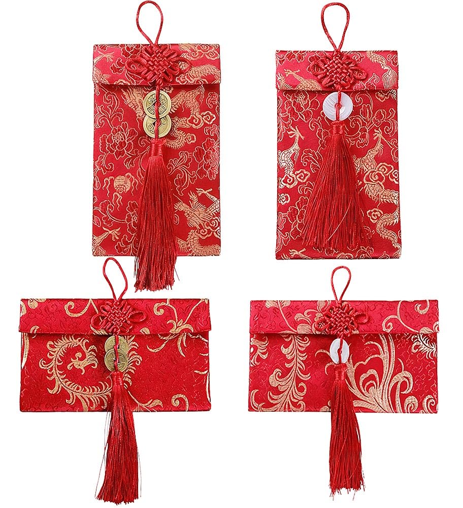 DREONVU Chinese Silk Red Envelopes Copper Coin Chinese Lucky Dragon Element Red Envelopes for Wedding New Year Jade Lucky Money Pockets with Chinese Knot 4 Pcs