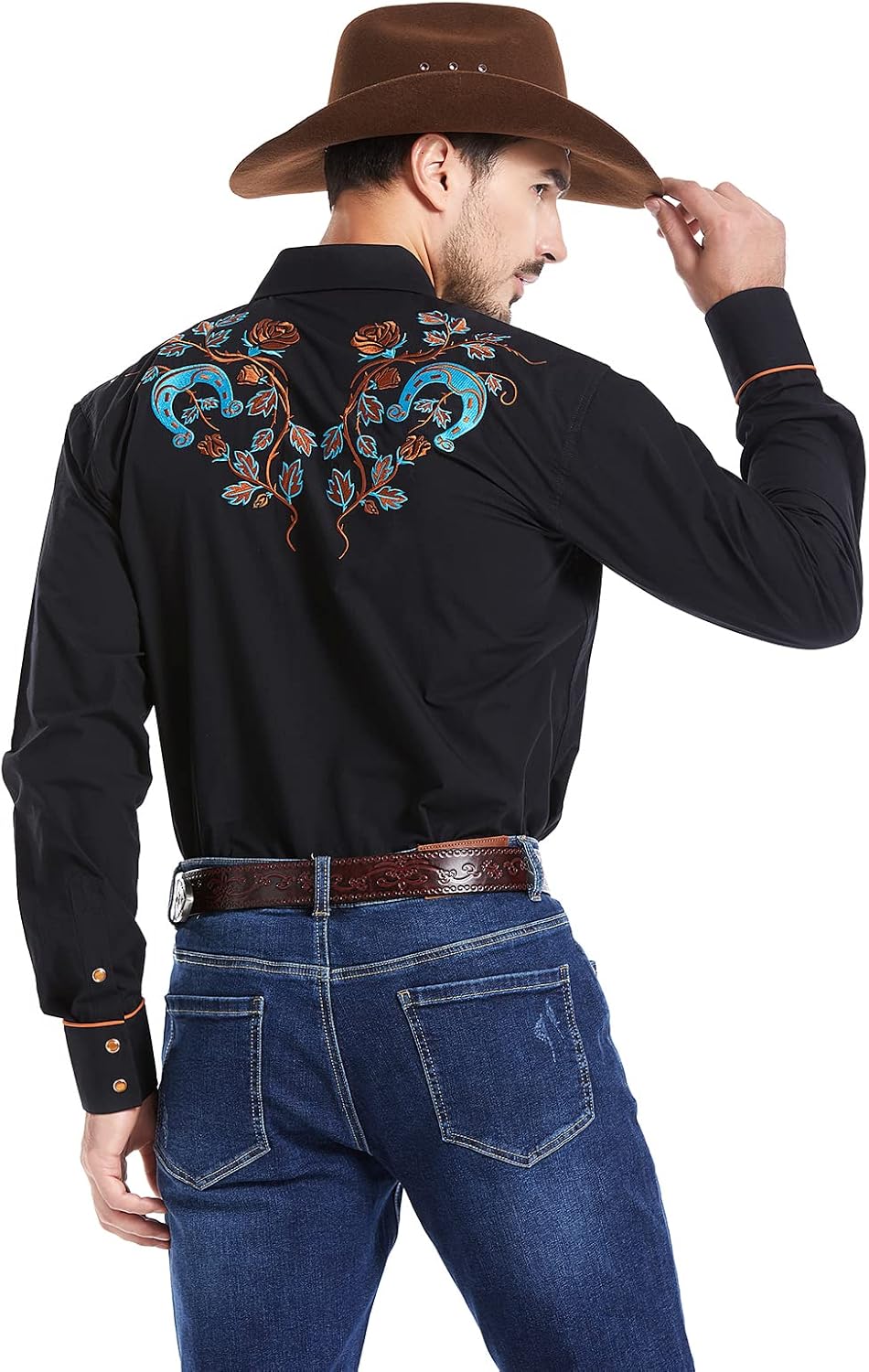 EL PIONERO Men's Floral and Horseshoe Embroidered Long Sleeve Retro Western Cowboy Shirt - Image 4