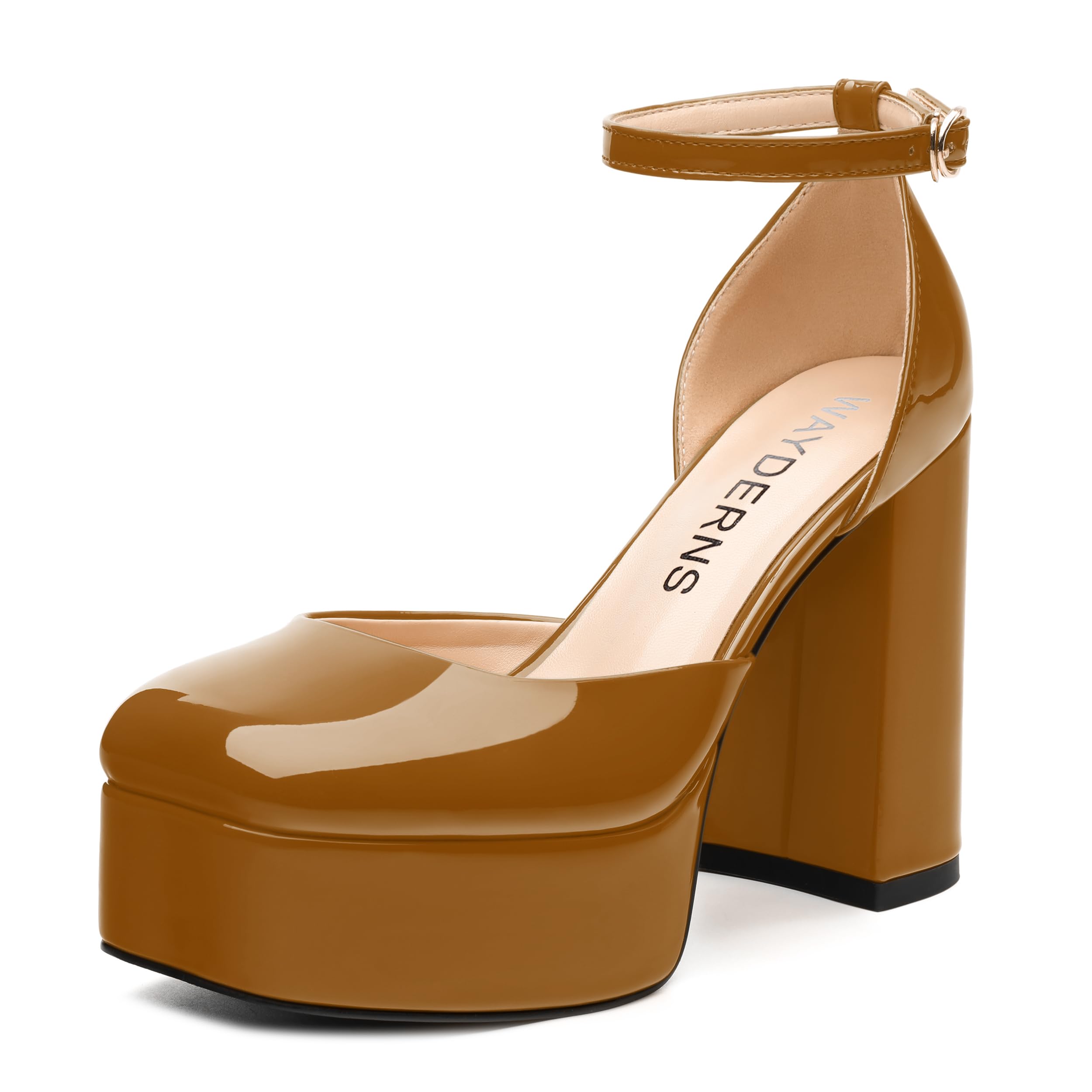 WAYDERNS Platform Heels for Women Block High Heel Closed Square Toe Ankle Strap 4.3 Inch Pumps Fashion Party Dress Shoes