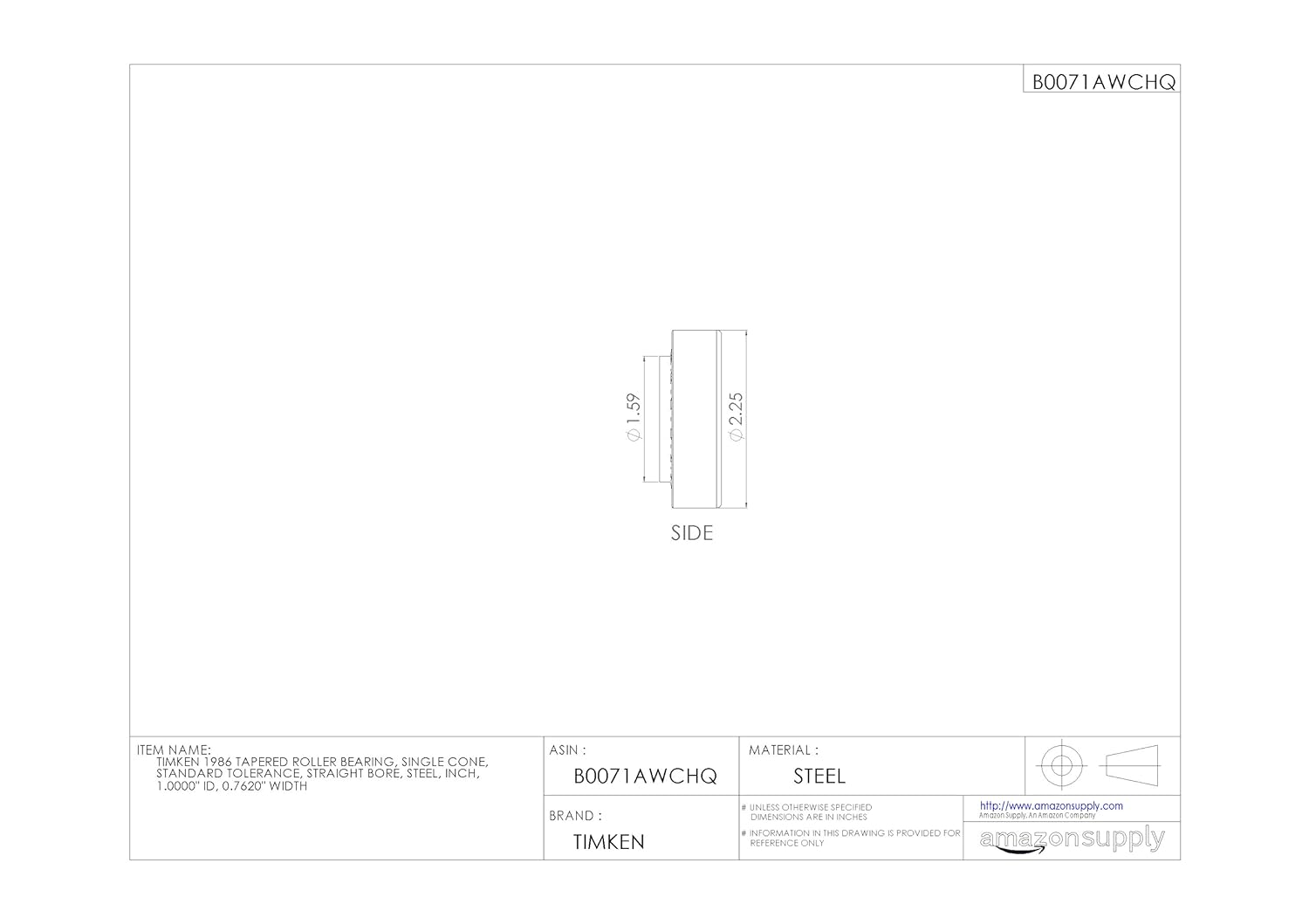 Timken 1986 Tapered Roller Bearing, Single Cone, Standard Tolerance, Straight Bore, Steel, Inch, 1.0000" ID, 0.7620" Width