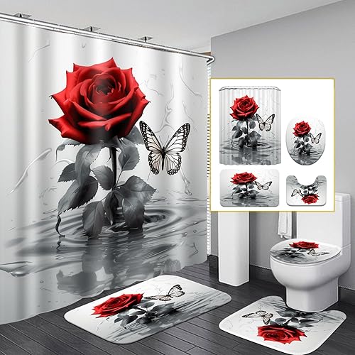 XVWJ Juego de cortinas de ducha de baño, 4 piezas de color rojo agua rosa mariposa juegos de baño con cortina de ducha y alfombras, cubierta de tapa