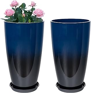Set of 2 Lightweight Ceramic-Look Tall Planter, 21 inch Large Plastic Planter with Drain