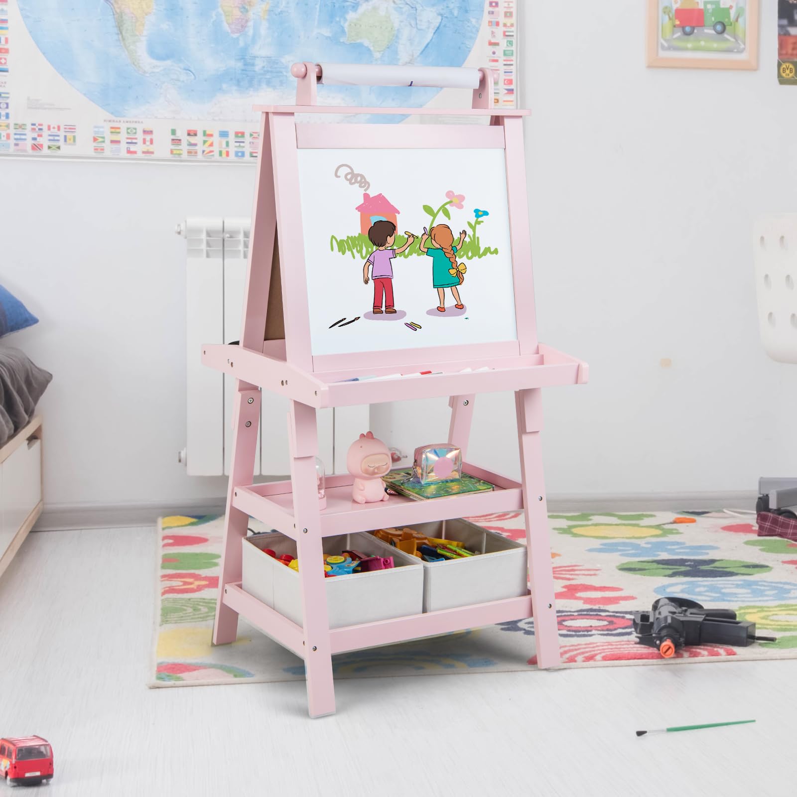 LIFEZEAL 3 w 1 Dwustronny stolik dla dzieci w kolorze białym i czarnym, dla chłopców i dziewczynek, 3 lata z 2 pojemnikami na 2 półki, zabawka edukacyjna (różowa)