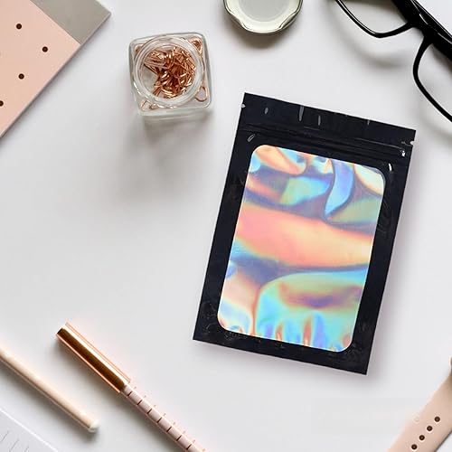 Miniatura 6 de Paquete de 50 bolsas de Mylar negras, bolsas de plástico a prueba de olores, bolsas holográficas reutilizables, bolsa pequeña con cierre hermético