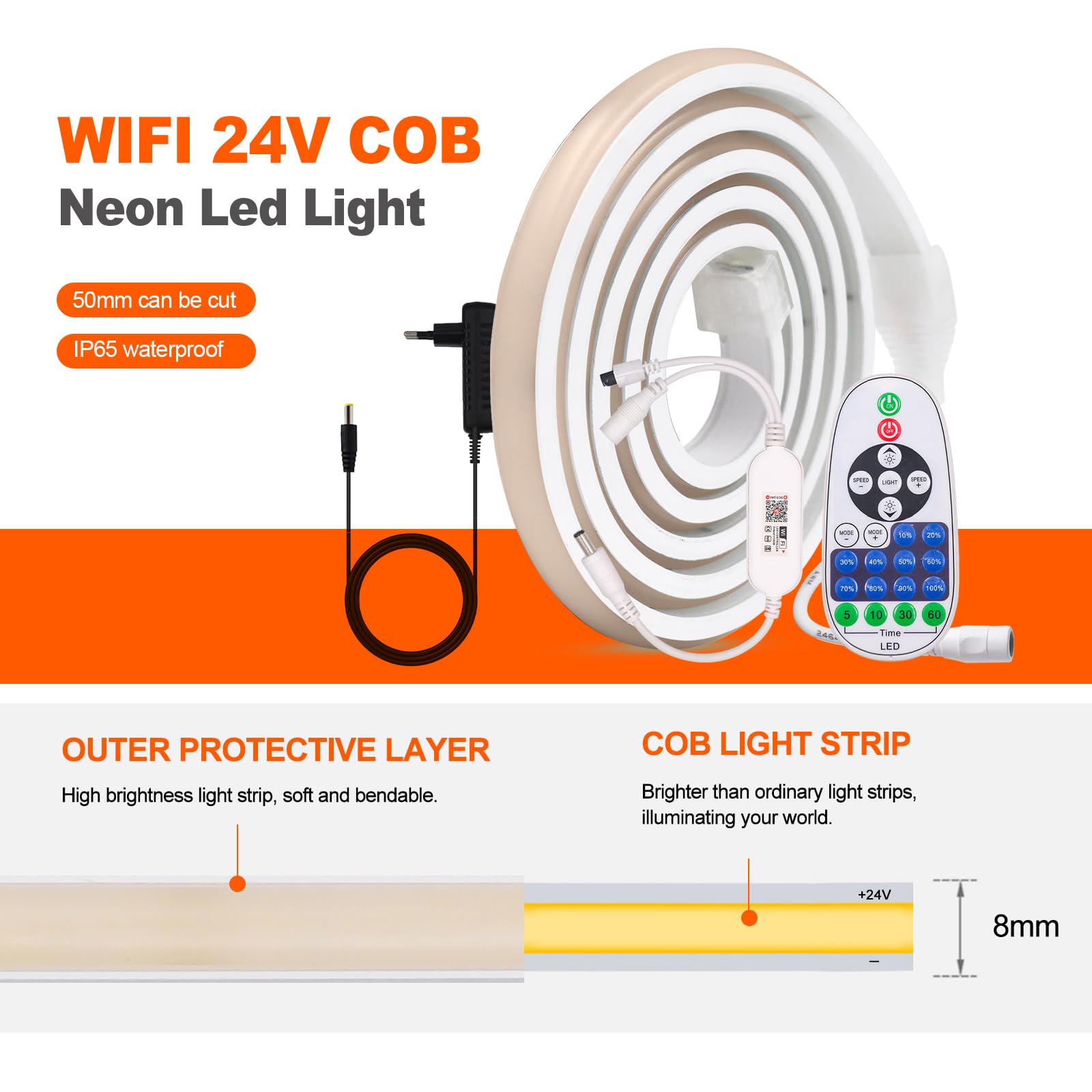 KISUFU Tira LED COB 24V, 320 LEDs/m Luces LED Impermeable IP65 neon luces de cinta LED con Dimmer monocromático ir de 23 teclas wifi para Exterior Decoración del Hogar, Cocina, Espejo.