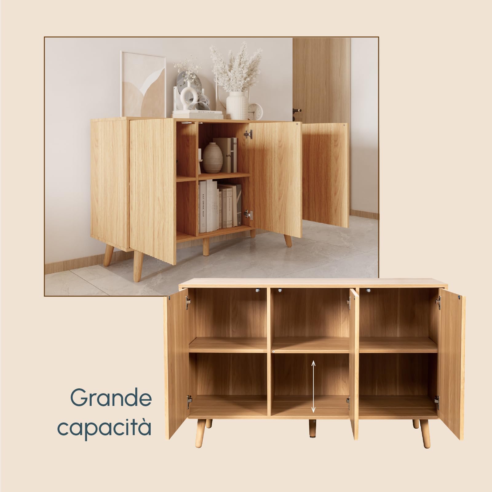 MB Muebles Bonitos, Credenza con ante scanalate Renzo per Soggiorno Sala da pranzo moderno, Design Ondulato, Gambe in Legno, Melamina e PVC, Colore Rovere Alba, 120x76x40 cm